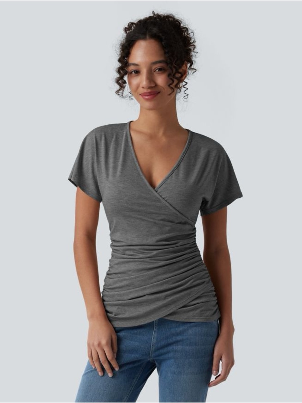 HALARA Gray Ruched Wrap V-Neck Short Sleeve Top